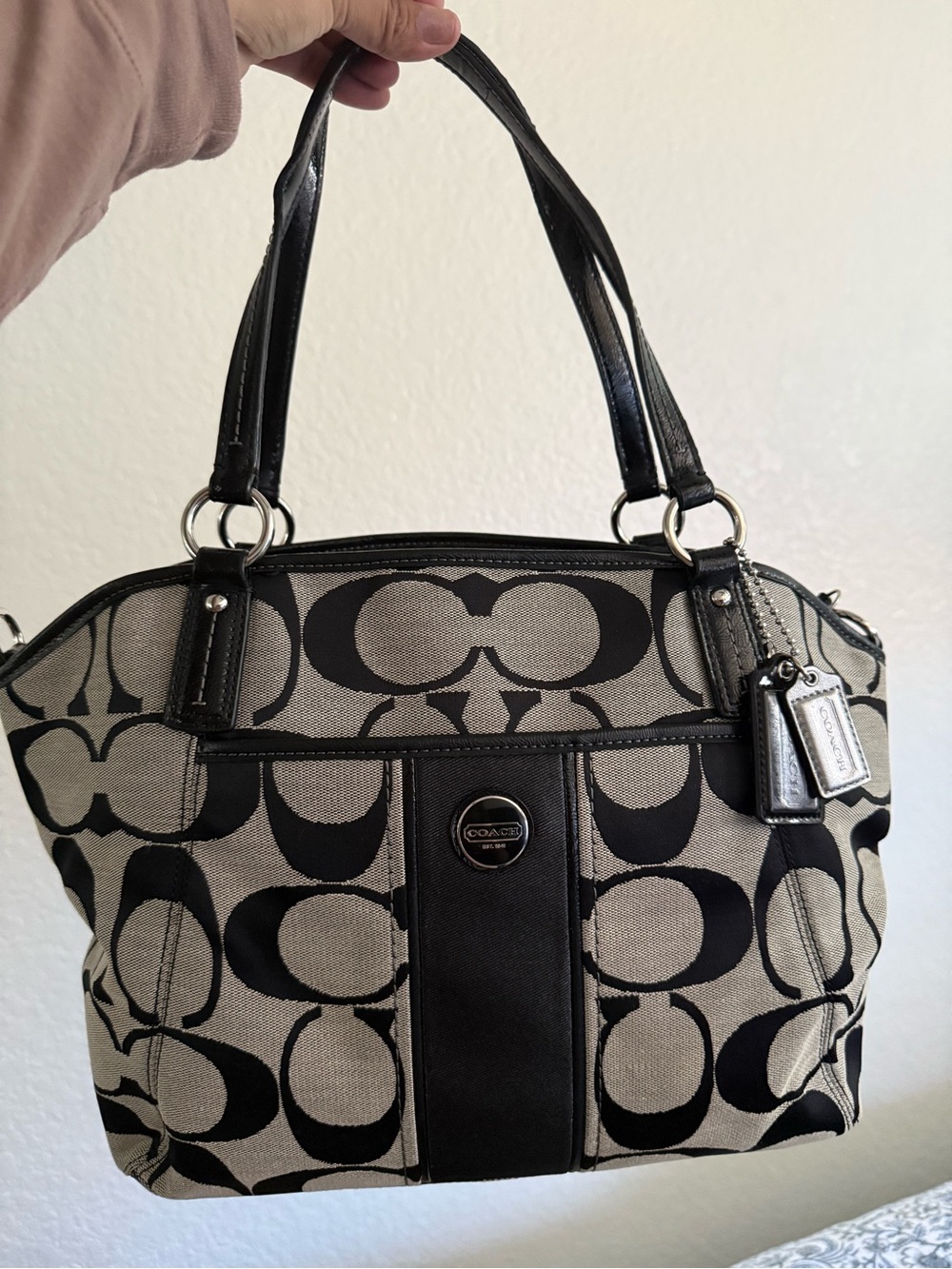 Coach Shoulder Bag in Black and Beige Signature Canvas & Wallet + Cleaner